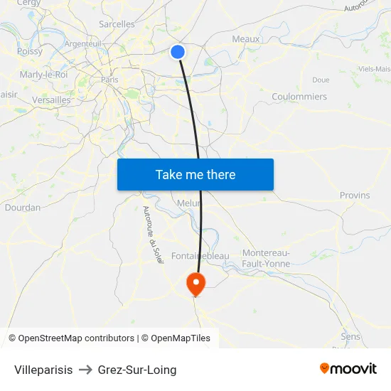 Villeparisis to Grez-Sur-Loing map