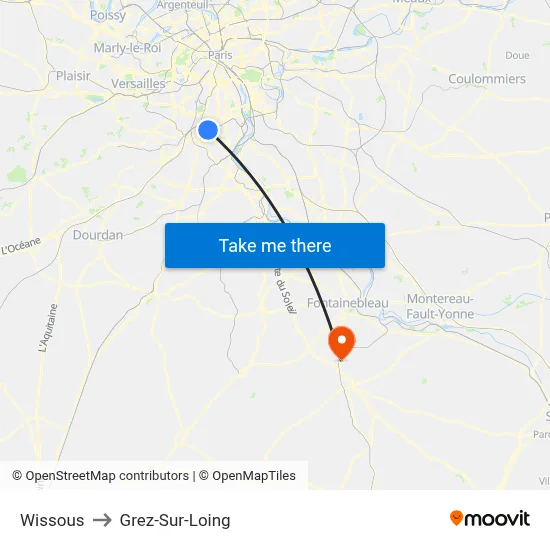 Wissous to Grez-Sur-Loing map