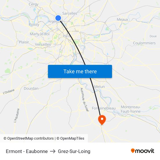 Ermont - Eaubonne to Grez-Sur-Loing map