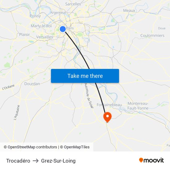 Trocadéro to Grez-Sur-Loing map