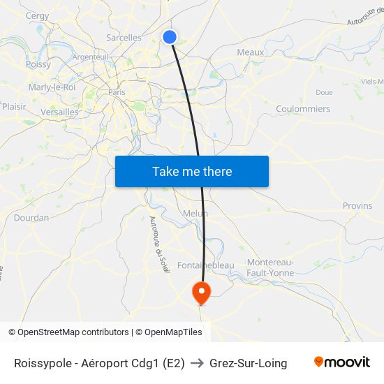 Roissypole - Aéroport Cdg1 (E2) to Grez-Sur-Loing map