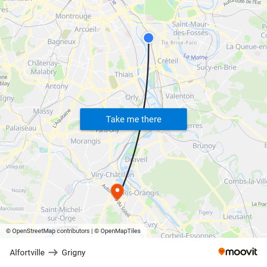 Alfortville to Grigny map