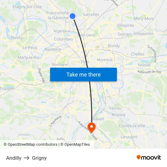 Andilly to Grigny map