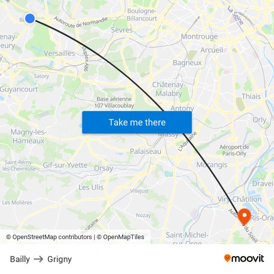 Bailly to Grigny map