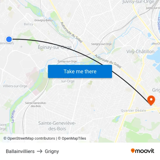 Ballainvilliers to Grigny map