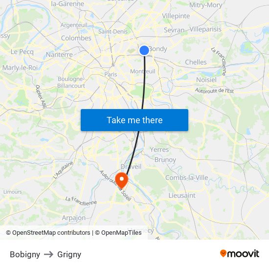 Bobigny to Grigny map