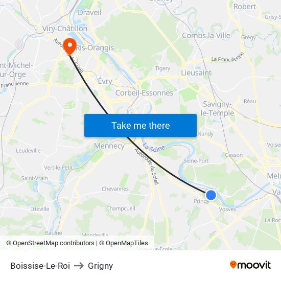 Boissise-Le-Roi to Grigny map