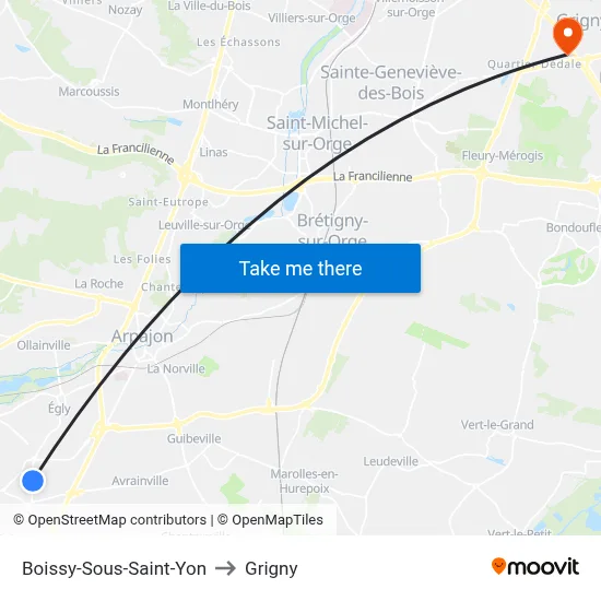 Boissy-Sous-Saint-Yon to Grigny map