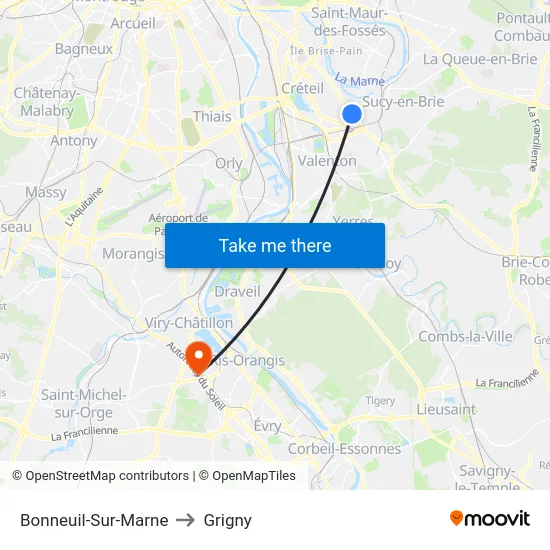Bonneuil-Sur-Marne to Grigny map