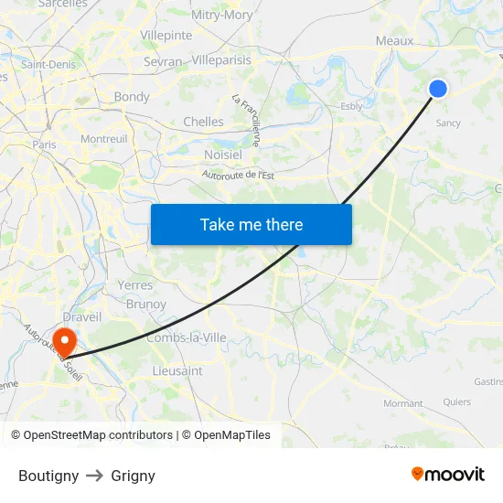 Boutigny to Grigny map