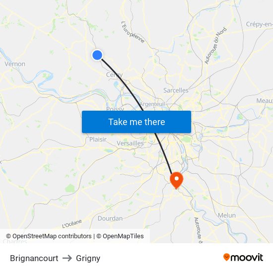 Brignancourt to Grigny map