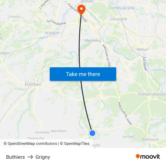 Buthiers to Grigny map
