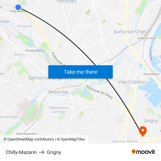 Chilly-Mazarin to Grigny map