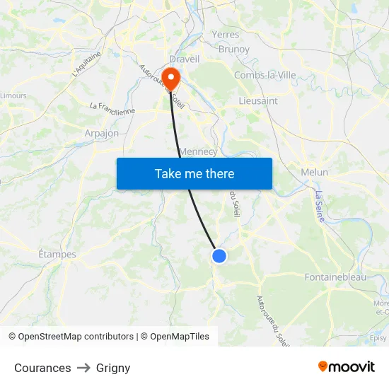 Courances to Grigny map