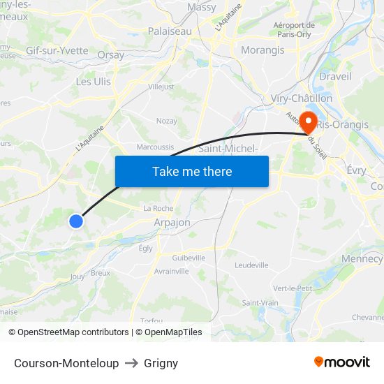 Courson-Monteloup to Grigny map