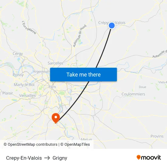 Crepy-En-Valois to Grigny map