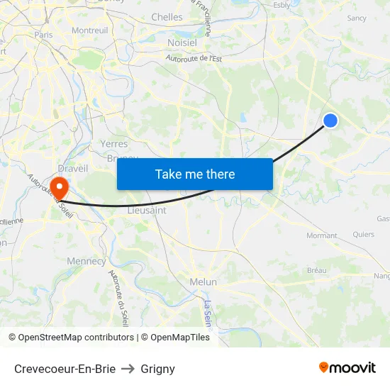 Crevecoeur-En-Brie to Grigny map