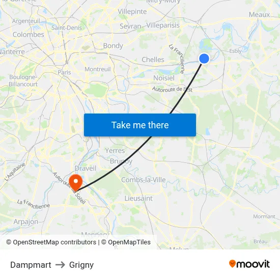 Dampmart to Grigny map