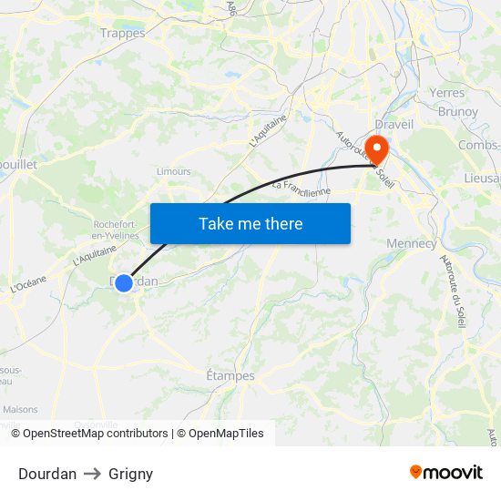 Dourdan to Grigny map