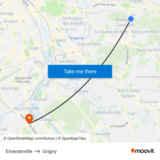 Emerainville to Grigny map