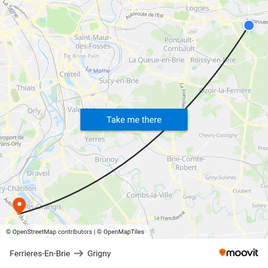 Ferrieres-En-Brie to Grigny map
