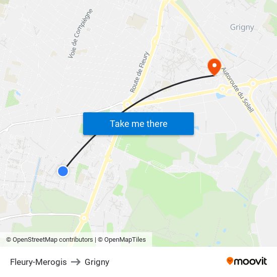 Fleury-Merogis to Grigny map