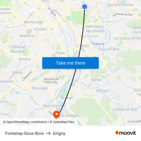 Fontenay-Sous-Bois to Grigny map