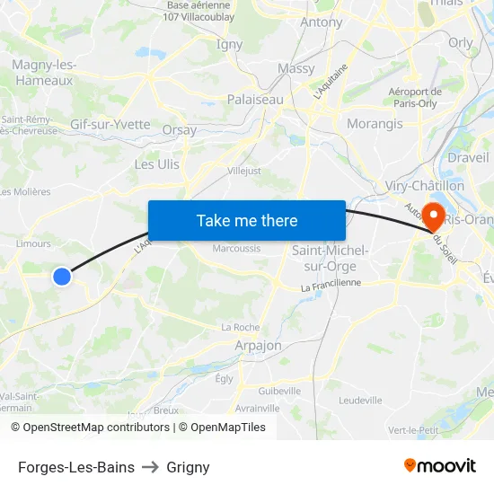 Forges-Les-Bains to Grigny map