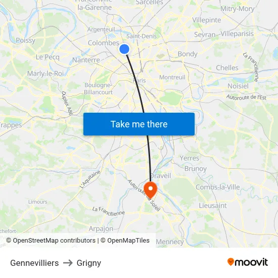 Gennevilliers to Grigny map