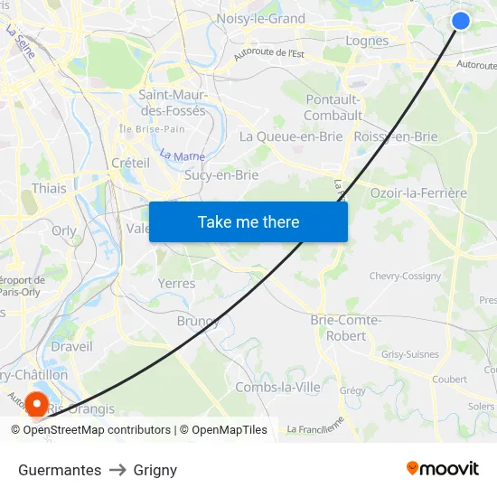 Guermantes to Grigny map