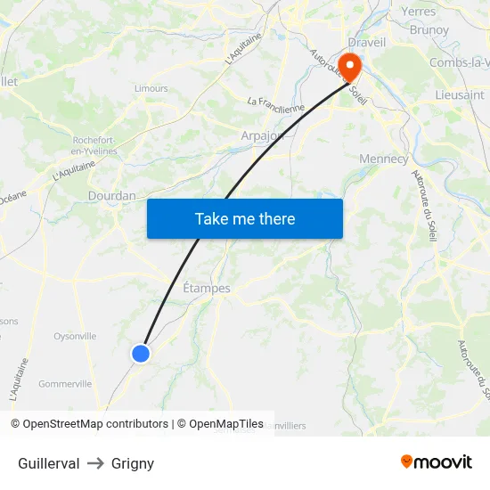 Guillerval to Grigny map