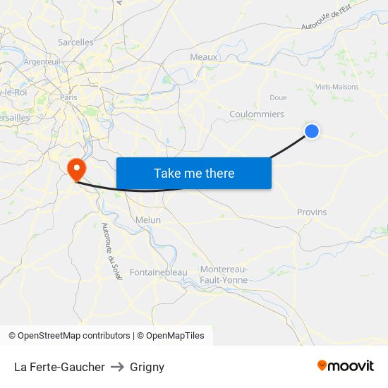 La Ferte-Gaucher to Grigny map