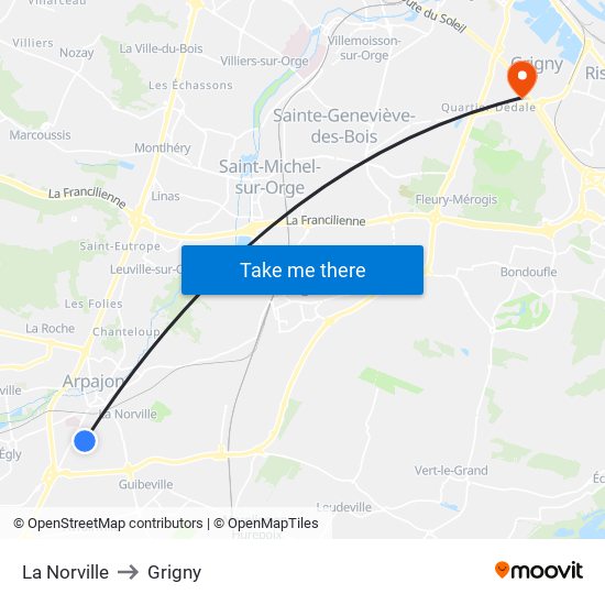 La Norville to Grigny map