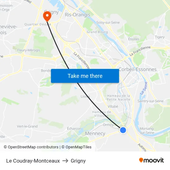 Le Coudray-Montceaux to Grigny map