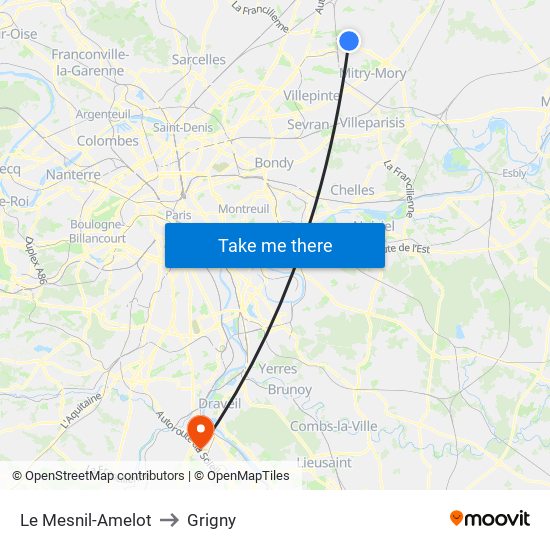 Le Mesnil-Amelot to Grigny map