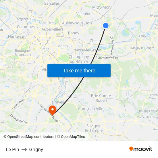 Le Pin to Grigny map