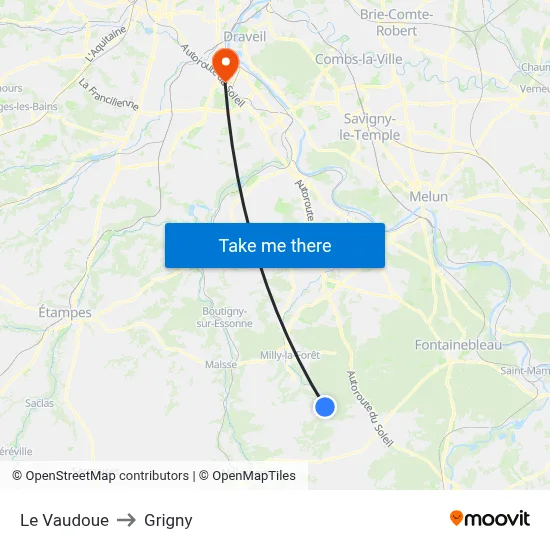 Le Vaudoue to Grigny map