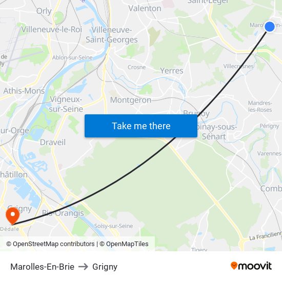 Marolles-En-Brie to Grigny map