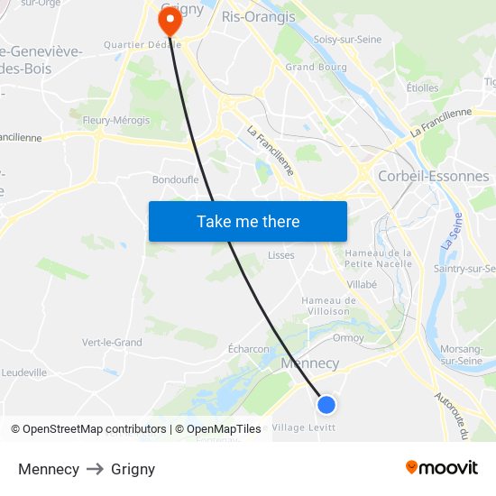 Mennecy to Grigny map