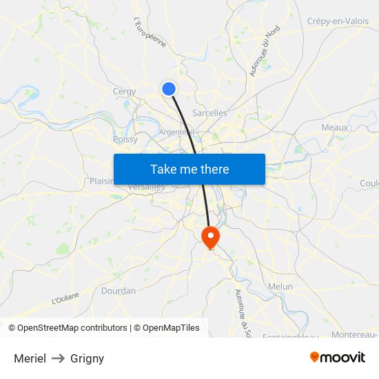 Meriel to Grigny map