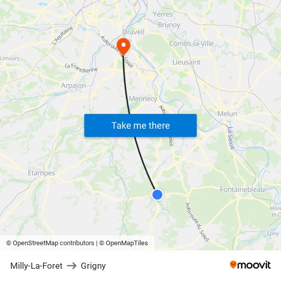 Milly-La-Foret to Grigny map