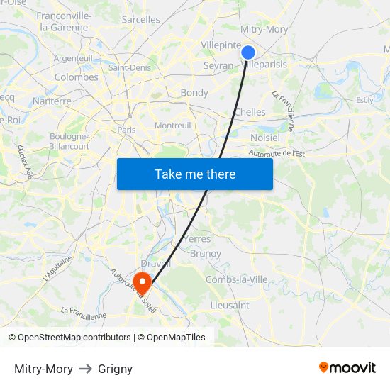 Mitry-Mory to Grigny map