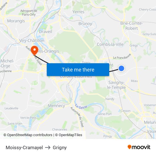 Moissy-Cramayel to Grigny map