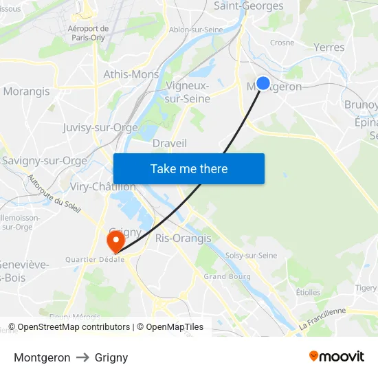 Montgeron to Grigny map
