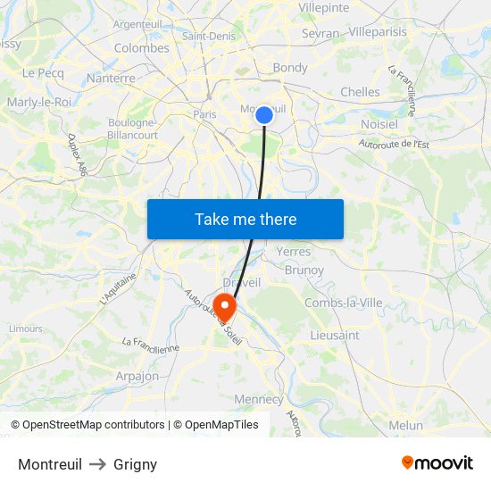 Montreuil to Grigny map