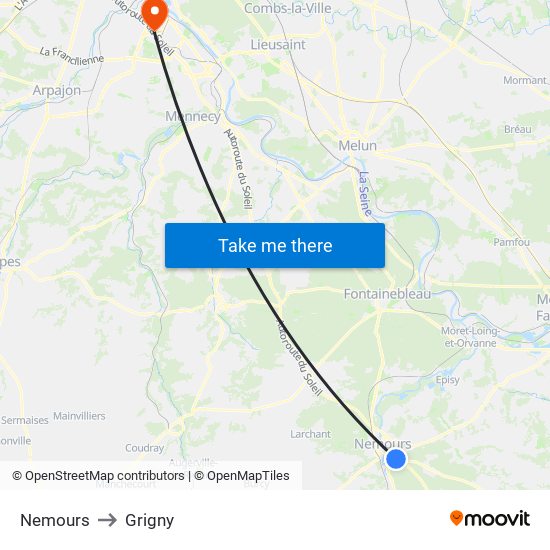 Nemours to Grigny map