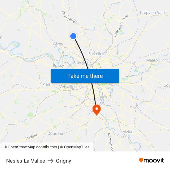 Nesles-La-Vallee to Grigny map