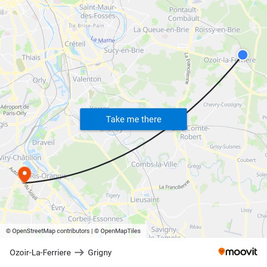 Ozoir-La-Ferriere to Grigny map