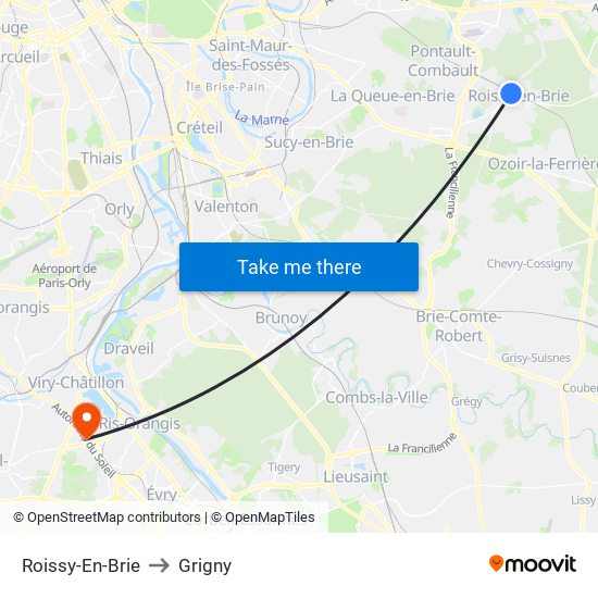 Roissy-En-Brie to Grigny map