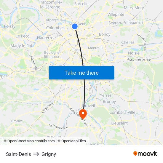Saint-Denis to Grigny map